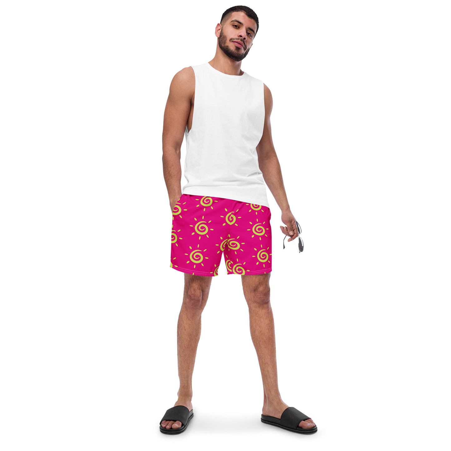 Mens Sun Pattern Swim Trunks - Hot Pink
